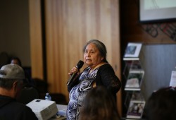 Daisy Hansen, a Nuu-chah-nuth education worker at Kyuquot Elementary Secondary School, speaks about teaching language at the gathering.