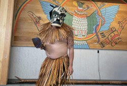 A Tla-o-qui-aht member performs in regalia at the Bes Western Tin Wis resort, which is owned by the First Nation. (Tla-o-qui-aht First Nation photo)