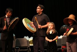 Damon Rampanen, a cultural support worker at Alberni District Secondary, and students perform the Equality Song to begin proceedings at the high school on June 7. The Nuu-chah-nulth Tribal Council hosted a scholarship celebration for students on June 6, followed by a graduation event the following day.