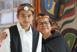 This month both C.J. George and his mother Sheila Mickey celebrate completing Grade 12 studies. CJ is graduating from the W̱SÁNEĆ Leadership Secondary School in the Brentwood Bay area of Victoria, while Sheila gained her Adult Dogwood diploma from W̱SÁNEĆ College. The mother and son pair joined 75 other Nuu-chah-nulth graduates for an event hosted by the Nuu-chah-nulth Tribal Council on June 7 at the Alberni District Secondary School. 