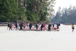 The three Ahousaht canoes and one Hesquiaht canoe left Long Beach at 7:30 a.m. on July 23.