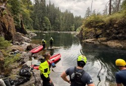 On July 9 search efforts for the missing swimmer who went over Stamp Falls were paused, after emergency responders were unable to locate the person. (Alberni Valley Rescue Squad photo)