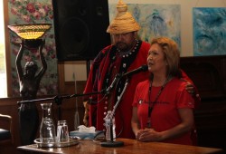 Agnes Keitlah speaks at Char's Landing Hall, with Ahousaht’s acting Tyee Ha’wilth Hasheukumiss (Richard George).