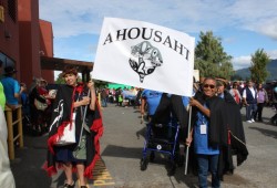 Elders from the Ahousaht First Nation approach the Island Savings Centre in Duncan.