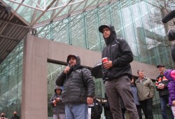 Nuchatlaht House Speaker Archie Little takes the microphone next to Tyee Ha'wilth Jordan Michael in front of the B.C. Supreme Court on the first day of the First Nation's trial for Aboriginal title on March 21. (Eric Plummer photo)