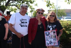 Arthur White, Mary Martin and Carol Frank, family of Lisa Marie Young, gathered at Nanaimo RCMP detachment on June 25, 2023.