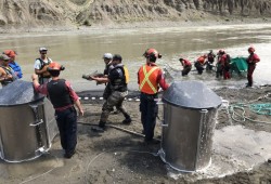 Beach seining teams transfer salmon into containers for helicopter airlift over the Big Bar landslide near Lillooet. 
