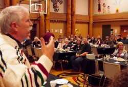 Dr. Paul Hasselback speaks during a poverty reduction workshop at the Port Alberni Friendship Center. 