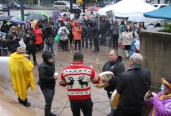 Supporters of Nuchatlaht drum in front of the B.C. Supreme Court on March 21.