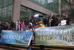 A crowd of supporters gather at a rally in front of the B.C. Supreme Court on the first day of the Nuchatlaht's title trial. 