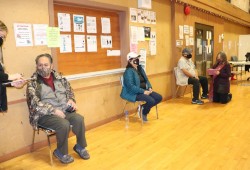 Three Nuu-chah-nulth elders waiting to receive vaccine. Moy Sutherland Sr., Julie Morris and her husband Bill Morris.
