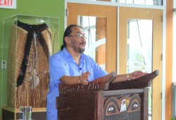 Wiisqi, Robert Dennis Jr., spoke on behalf of Tyee Ha'wilth Tliishin, Derek Peters, at the event in Anacla.