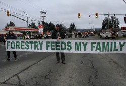 In December, Alberni Valley truck loggers blocked traffic around the office of Mid-Island Pacific Rim MLA Josie Osborne to protest the provincial government’s two-year deferral of old-growth logging. (Eric Plummer photo)