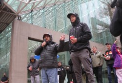 Nuchatlaht Councillor Archie Little stands with Tyee Ha'wilth Jordan Michael at the B.C. Supreme Court on the first day of their Aboriginal title trial in March 2022. (Eric Plummer photo)