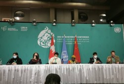 The Indigenous Forum on Biodiversity is part of COP 15 in Montreal this week. Individuals from left to right are Kate Gillis, Aslak Holmberg, Lapka Nuri Sherpa, Lucy Mulenkei, Ramiro Batzin and Tom Dixon. (International Indigenous Forum on Biodiversity photo).