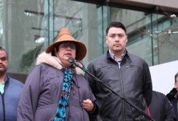 NTC President Judith Sayers and Vice-president Andrew Callicum speak to the crowd on Monday.