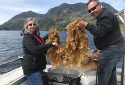 Nuu-chah-nulth Seafood general manager Kathy Happynook and president Larry Johnson check out kelp lines off the west coast of Vancouver Island. (NSLP photo)