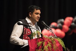 Ian Caplette, NTC NTC director of education, training and social development, greets students and their families during the scholarship ceremony at the Alberni District Secondary School in Port Alberni, on June 10, 2022.