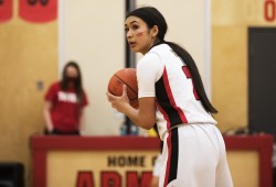 Natalie Clappis looks to the other players while competing  in the 66th annual Totem Tournament, at ADSS in Port Alberni, on March 10, 2022.