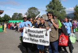 Elders from the Mowachaht/Muchalaht First Nation approach the Island Savings Centre in Duncan.