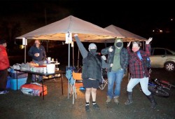 Alice Sam, Leslie Mitchell and Lisa George from the Grassroots Homelessness Coalition, and organizers of the pop-up warming centre next to the Port Alberni Friendship Centre, show their excitement on the first night of the three-day trial Dec. 11. (Karly Blats photo) 