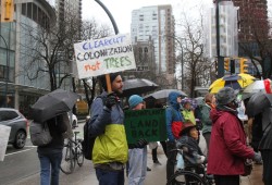 People gather outside the B.C. Supreme Court in Vancouver on the first day of the Nuchatlaht trial on March 21. (Photo by Eric Plummer) 