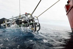 A submersible drop camera (below) was used to observe seamount life, lowered from the Coast Guard vessel John P. Tully.