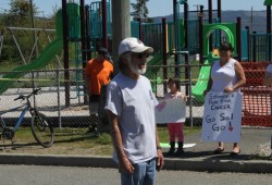Wally Samuel speaks about health and his grandson's efforts on May 7 in front of Haahuupayak school.