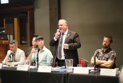 NDP incumbent Gord Johns won in Courtenay-Alberni, the only Vancouver Island riding to retain NDP representation. Johns is pictured at a candidates forum in Port Alberni on April 15. (Eric Plummer photo)