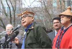Cliff Atleo speaks in front of the B.C. Supreme Court in Vancouver on April 19, 2018 with Ahousaht Tyee Ha'wilth Maquinna Lewis George. Nuu-chah-nulth-aht celebrated a ruling from the B.C. Supreme Court, which upheld the right of five nations to harvest and sell fish from their territorial waters. (Eric Plummer photo)