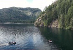 A team of responders works to coax the killer whale out of the lagoon during high tide. (Ehattesaht, DFO drone video still) 