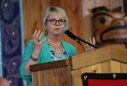 Provincial Health Officer Bonnie Henry speaks at the event.