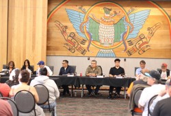 Elmer Frank, centre, says the mandate of chief and councillor comes from the Tla-o-qui-aht people.
