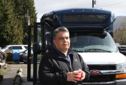 Tla-o-qui-aht Chief Councillor Elmer Frank speaks at the Pacific Rim Visitor Centre on April 9.