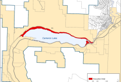 The north side of Cameron Lake is currently under an evacuation order, affecting cabins in the area. 