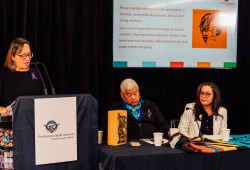 Dr. Nel Wieman, the First Nations Health Authority’s chief medical officer, speaks during a press conference on April 14. (FNHA photo)