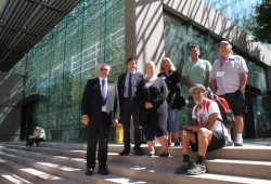 On Dec. 4 the Nuchatlaht were back in the B.C. Supreme Court in Vancouver to assess the future direction of their title case with Justice Elliot Myers. Pictured from the left after a court appearance in August are Jack Woodward, Owen Stewart, Jennifer Macleod and Sue Klatt from the First Nation’s legal team, with Tyee Ha’wilth Jordan Michael and Nuchatlaht members Archie Little and Edgar Smith seated in front. (Eric Plummer photo)