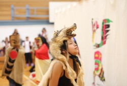 Travelling from their location on the Tseshaht First Nation reserve, the Haahuupayak students gave several performances, including some wearing masks and regalia depicting animals.