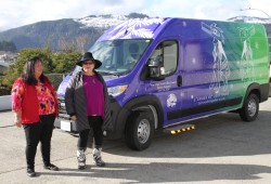 Lisa Watts and Judith Sayers stand in front of the Nuu-chah-nulth Tribal Council's outreach harm reduction van, which was introduced on March 2024. (Eric Plummer photo)