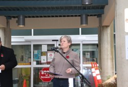 MLA Josie Osborne speaks at the West Coast General Hospital on Nov. 10.