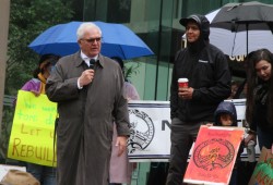 Lawyer Jack Woodward speaks with Nuchatlaht Tyee Ha'wilth Jordan Michael outside the B.C. Supreme Court in March 2022. (Eric Plummer photo)