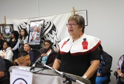 Nuu-chah-nulth Tribal Council President Judith Sayers announces a state of emergency for the drug crisis in Port Alberni on Sept. 19, 2024. (Eric Plummer photo)