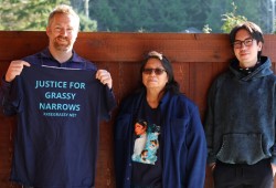 Grassy Narrows First Nation elder Judy Da Silva, centre, travelled to Tofino with advocate Dan Mossip-Balkwill and her son Tedje.