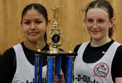 Tla-o-qui-aht teammates Kerissa Curly and Iris Sylvester beam after winning the U17 girls division.
