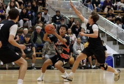 Alberni Naani player Matthew Jack Jr. or ‘Mr. Hustle’ plays with heart during the U17 boys final against Rain on May 18 at the Alberni Athletic Hall. 