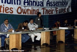 Charlie Cootes (far left) is pictured at an NTC annual assembly. Seated with arms folded is the late George Watts, who played a key role in treaty negotiations. (Ha-Shilth-Sa file photo)