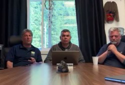 A coordinated effort to move the animal on April 12 was followed by a media briefing from Paul Cottrell (left), the Pacific Region’s marine mammal coordinator with Fisheries and Oceans Canada, Ehattesaht Chief Councillor Simon John and Marty Haulena of the Vancouver Aquarium’s Marine Mammal Rescue Society.