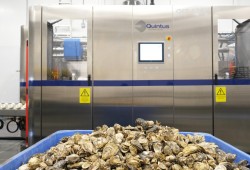 HPP Machine with Oyster 2: A tray of oysters sits in front of the new high-pressure processing machine at the Dock +.