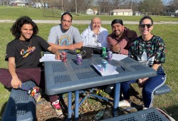 Pictured from left to right are D’Pharaoh Woon-A-Tai (Bear), Michael Spears (Danny), Nathan Apodaca aka Doggface (Charlie) Chad Charlie (Marc Don) with director Erica Tremblay.