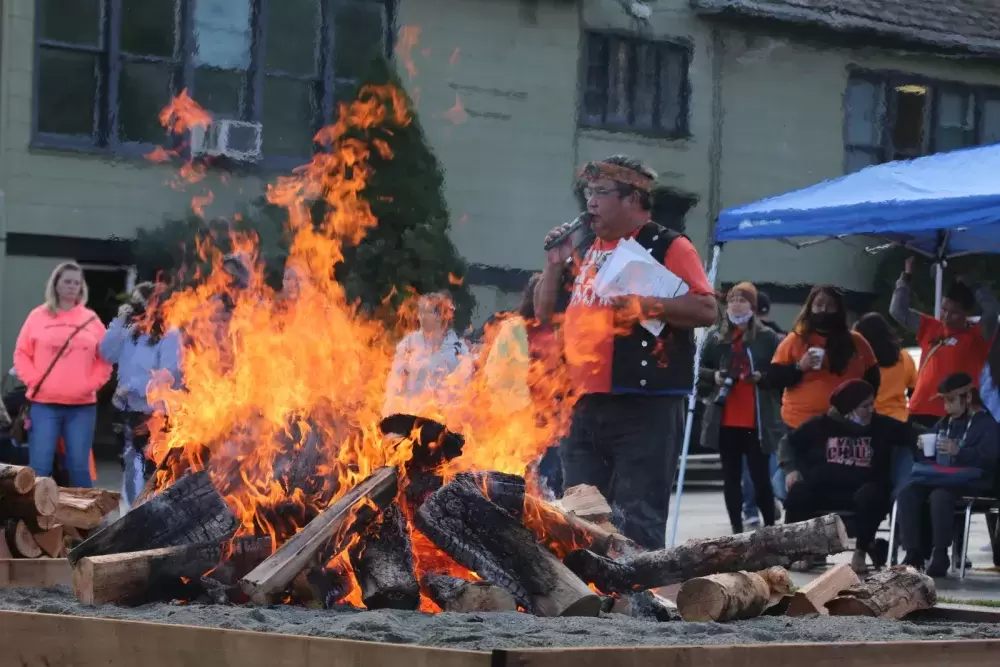 Martin Watts speaks to a crowd gathered on the former site of the Alberni Indian Residential School on Orange Shirt Day, Sept. 30. (Eric Plummer photo)